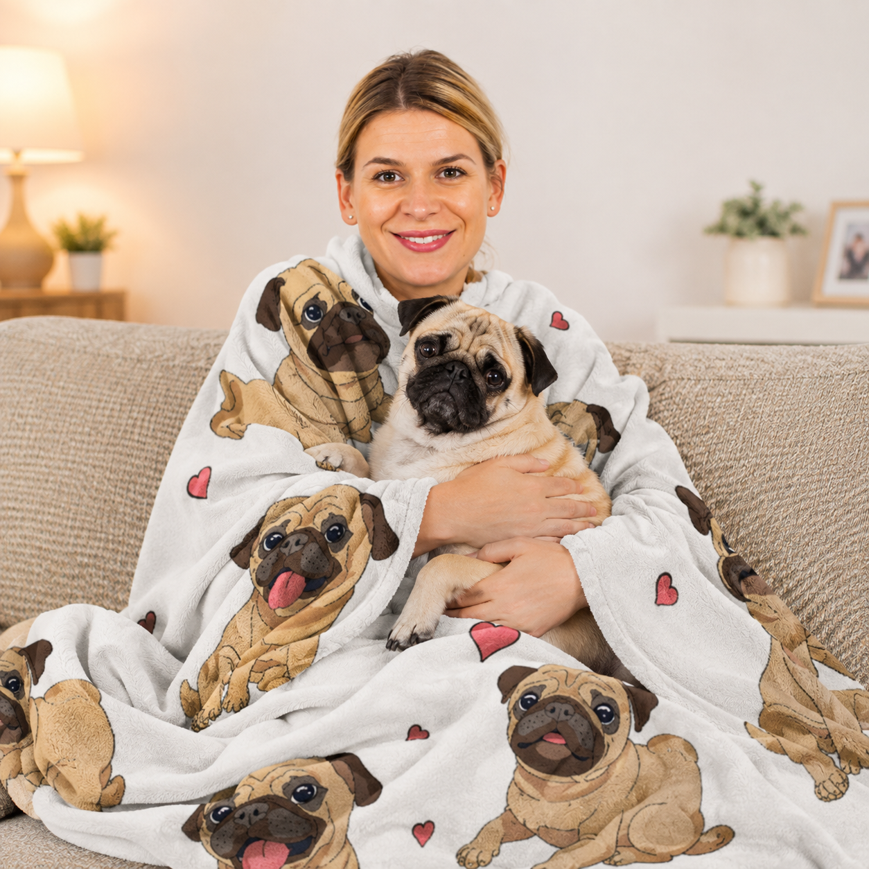 The AeroPug™ Pug & Hearts Sherpa Throw Blanket — Reversible Fleece, Couch & Bed Throw | 59”×79”