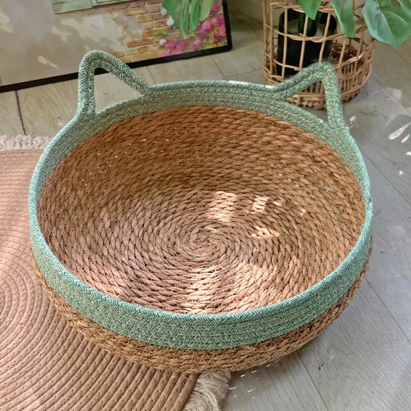 The AeroNest™ Handwoven Rattan Cat Bed — Summer Cooling with Removable Cushion & Scratch Pad