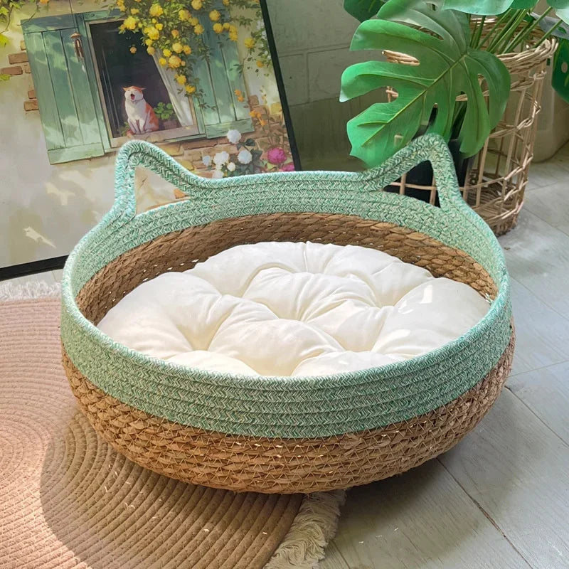 The AeroNest™ Handwoven Rattan Cat Bed — Summer Cooling with Removable Cushion & Scratch Pad