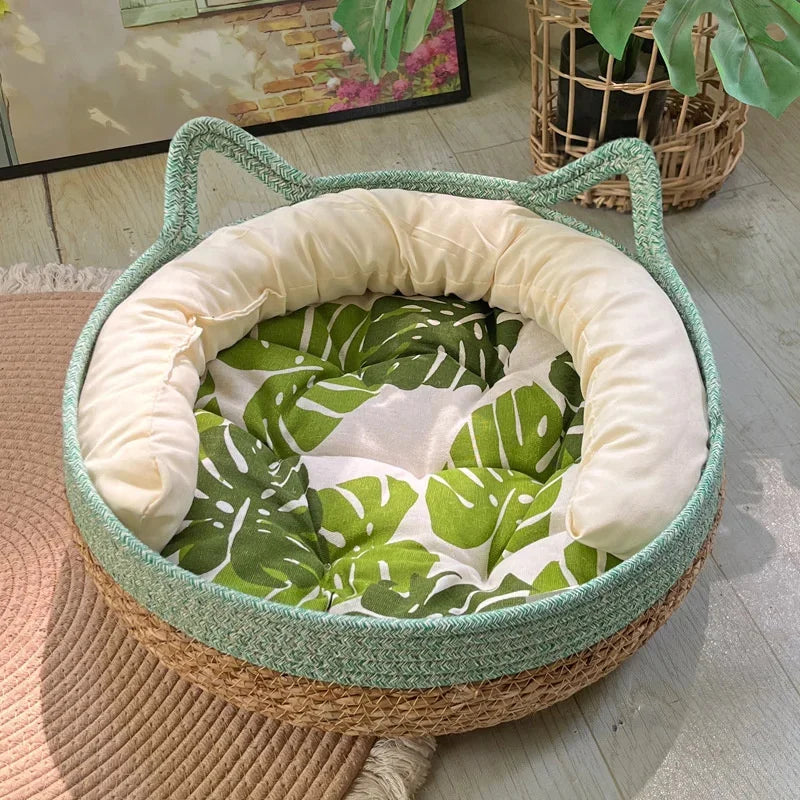 The AeroNest™ Handwoven Rattan Cat Bed — Summer Cooling with Removable Cushion & Scratch Pad