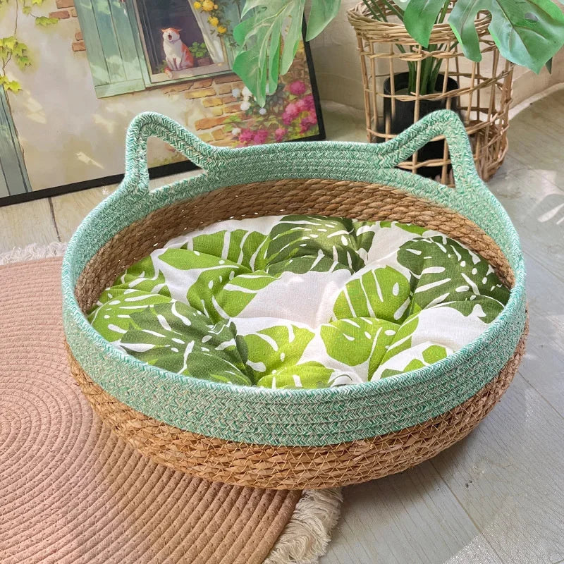 The AeroNest™ Handwoven Rattan Cat Bed — Summer Cooling with Removable Cushion & Scratch Pad