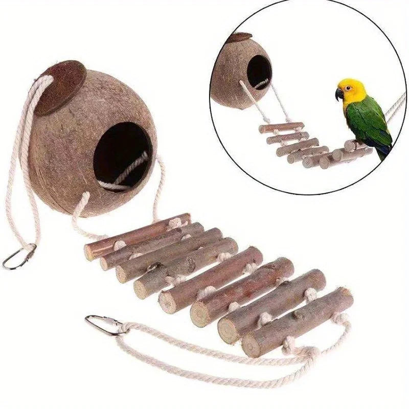 The AeroNest™ Natural Coconut Shell Parrot Nest | Cozy Hanging Bird Shelter