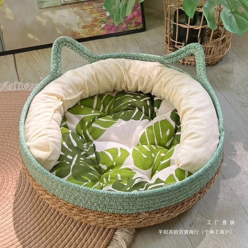 The AeroNest™ Handwoven Rattan Cat Bed — Summer Cooling with Removable Cushion & Scratch Pad