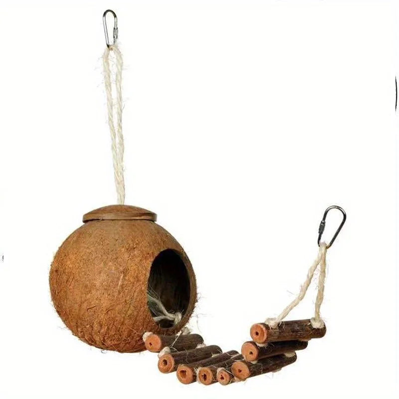 The AeroNest™ Natural Coconut Shell Parrot Nest | Cozy Hanging Bird Shelter