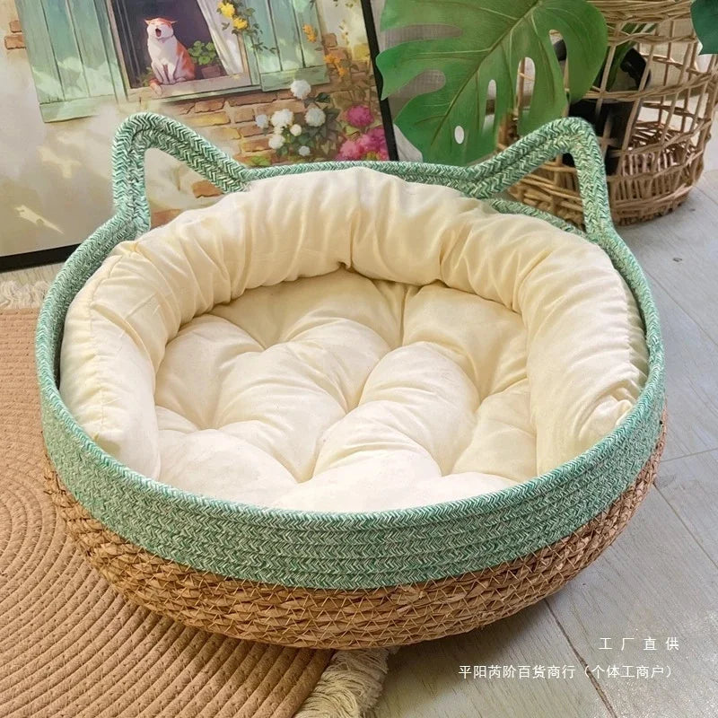 The AeroNest™ Handwoven Rattan Cat Bed — Summer Cooling with Removable Cushion & Scratch Pad