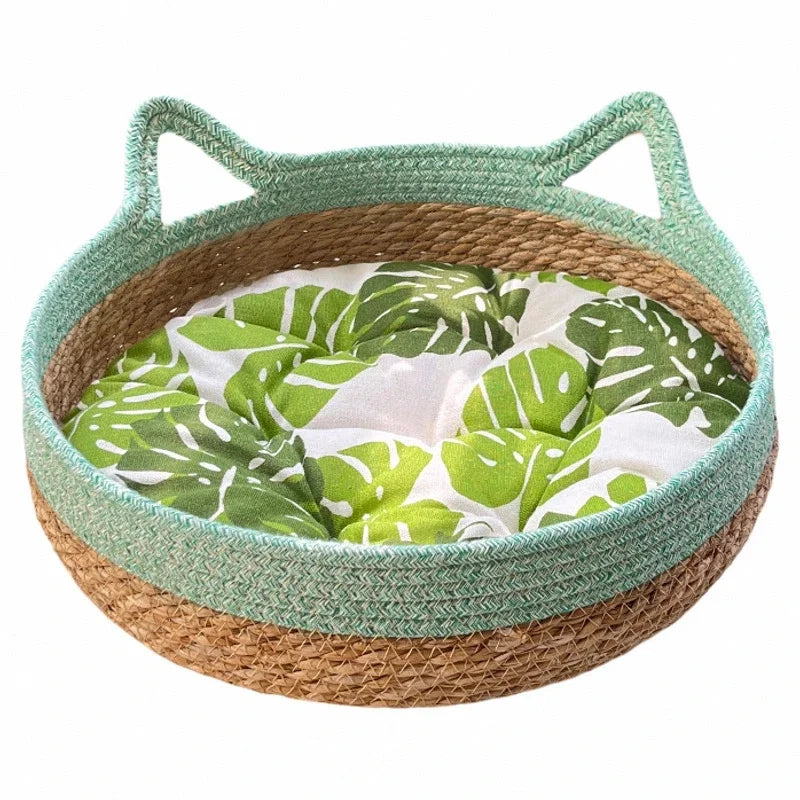 The AeroNest™ Handwoven Rattan Cat Bed — Summer Cooling with Removable Cushion & Scratch Pad