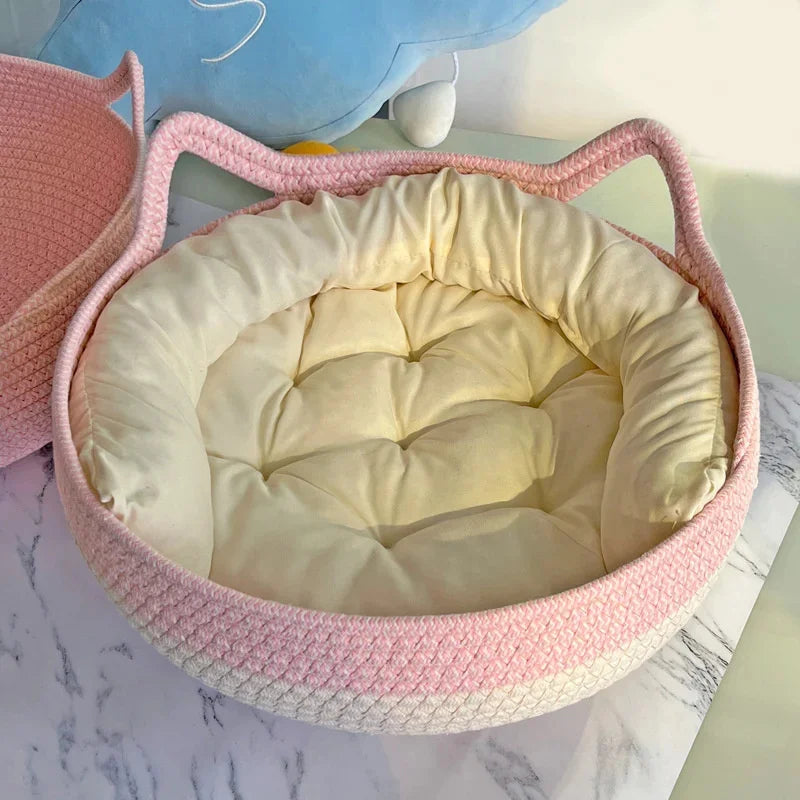 The AeroNest™ Handwoven Rattan Cat Bed — Summer Cooling with Removable Cushion & Scratch Pad