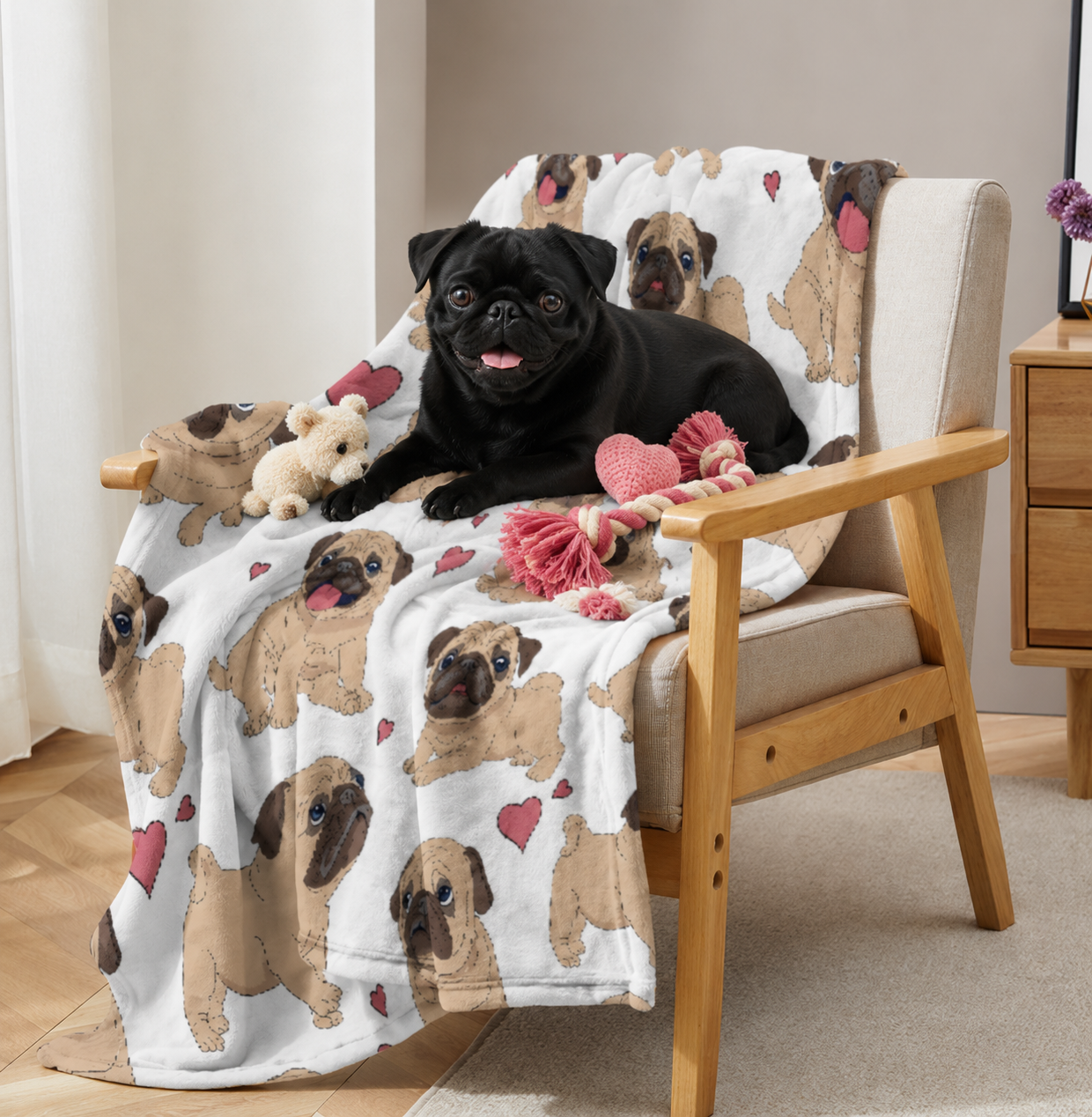 The AeroPug™ Pug & Hearts Sherpa Throw Blanket — Reversible Fleece, Couch & Bed Throw | 59”×79”