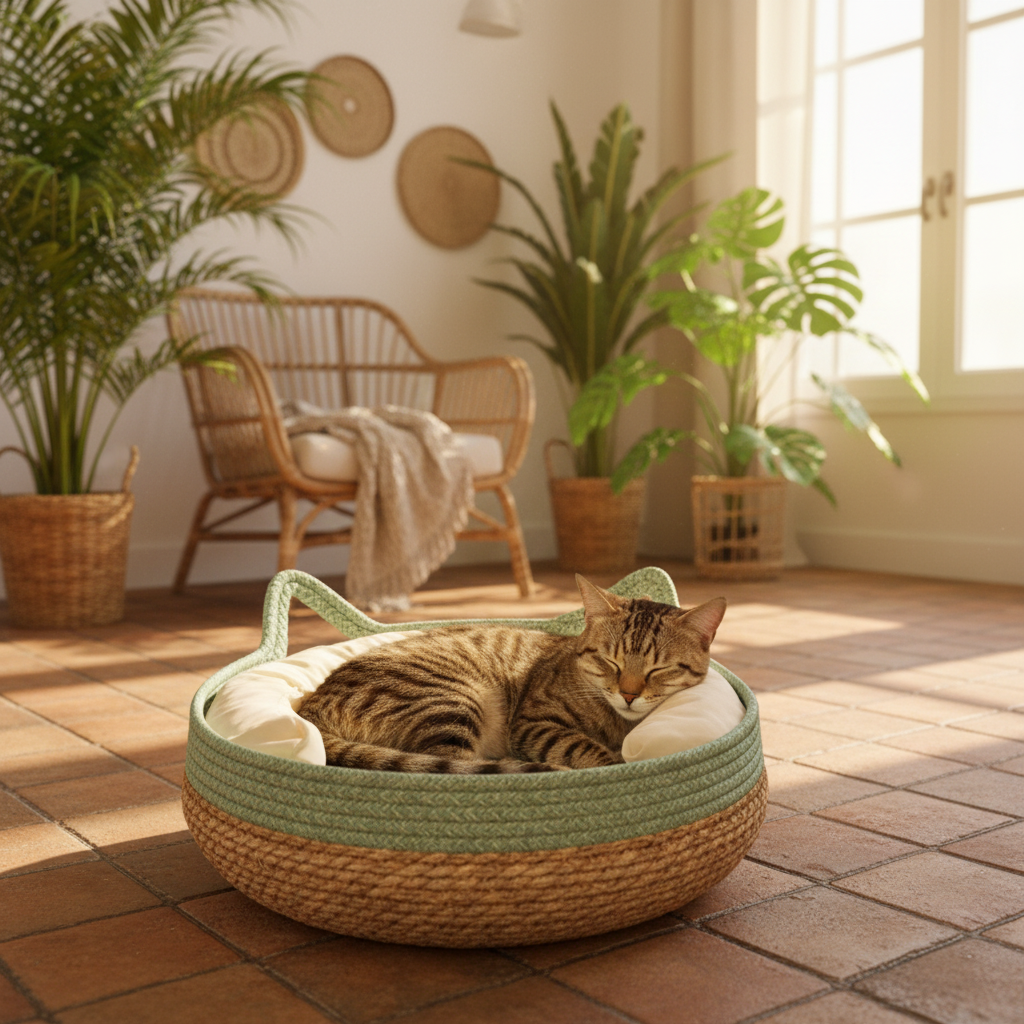 The AeroNest™ Handwoven Rattan Cat Bed — Summer Cooling with Removable Cushion & Scratch Pad