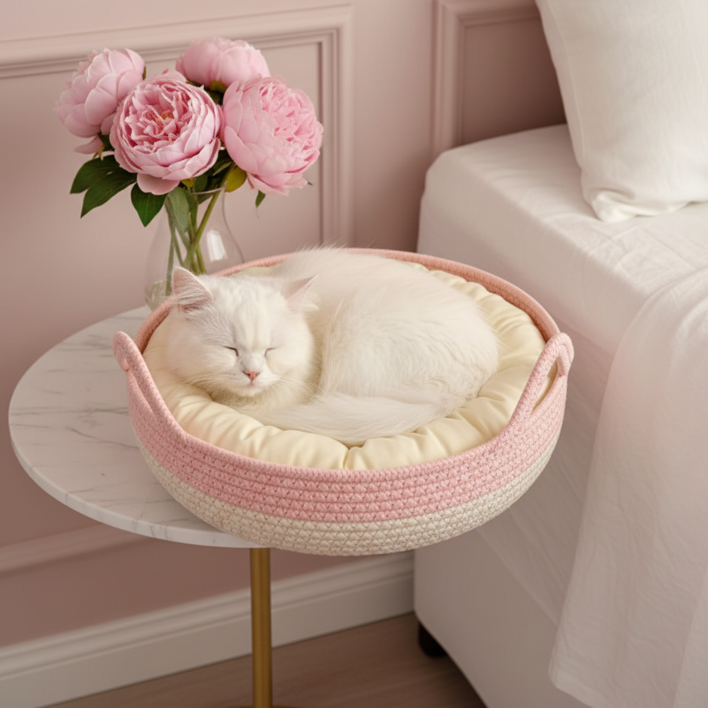 The AeroNest™ Handwoven Rattan Cat Bed — Summer Cooling with Removable Cushion & Scratch Pad