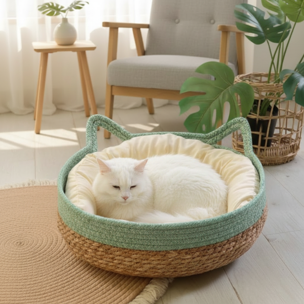The AeroNest™ Handwoven Rattan Cat Bed — Summer Cooling with Removable Cushion & Scratch Pad