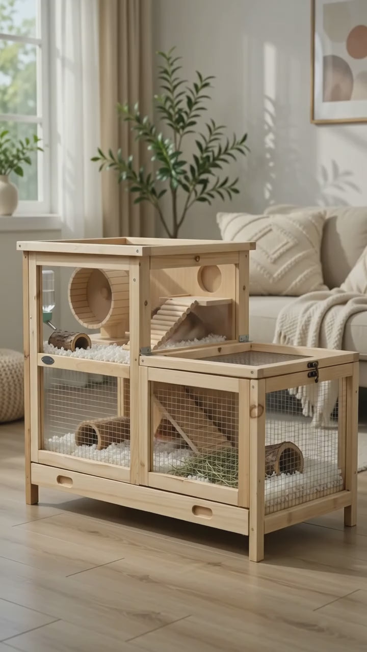 The AeroDen™ 2-Tier Wooden Hamster Cage with Seesaw, Running Wheel & Tray